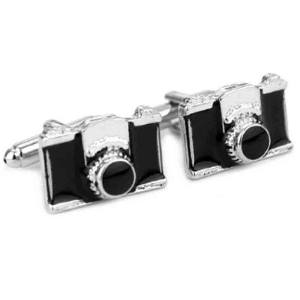 Camera Cufflinks Black Silver Enamel Metal